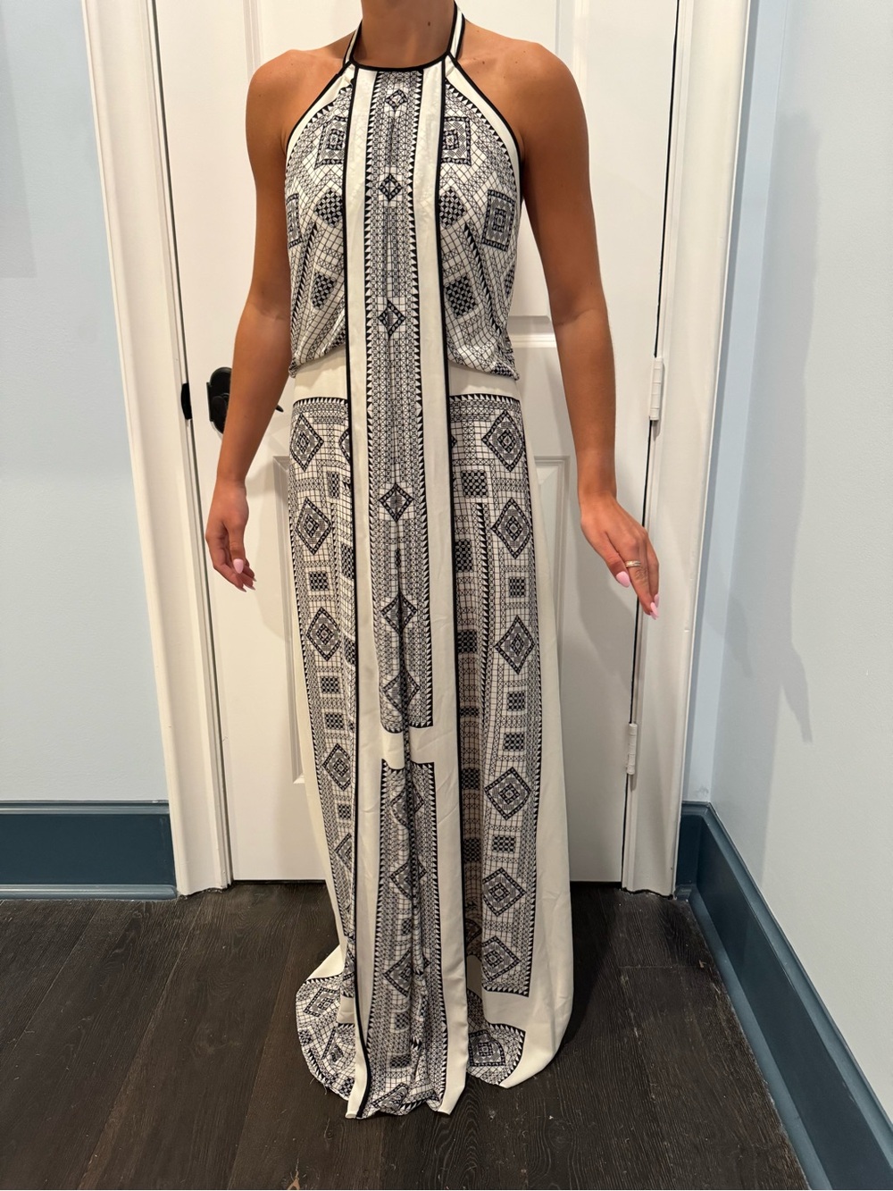 BCBGMaxAzria Cream and Black Halter Maxi with Geometric Motif